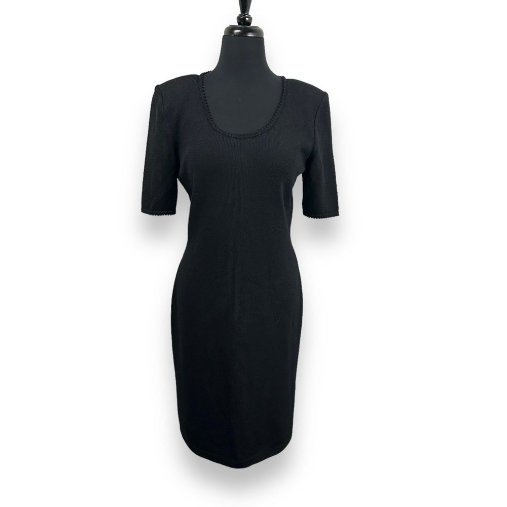 St. John Wool Blend Knit Picot Trim Scoop Neck Sheath Dress Womens 6 Black